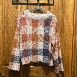 Modcloth Plaid Knit Sweater - Coral, Rust, Blue